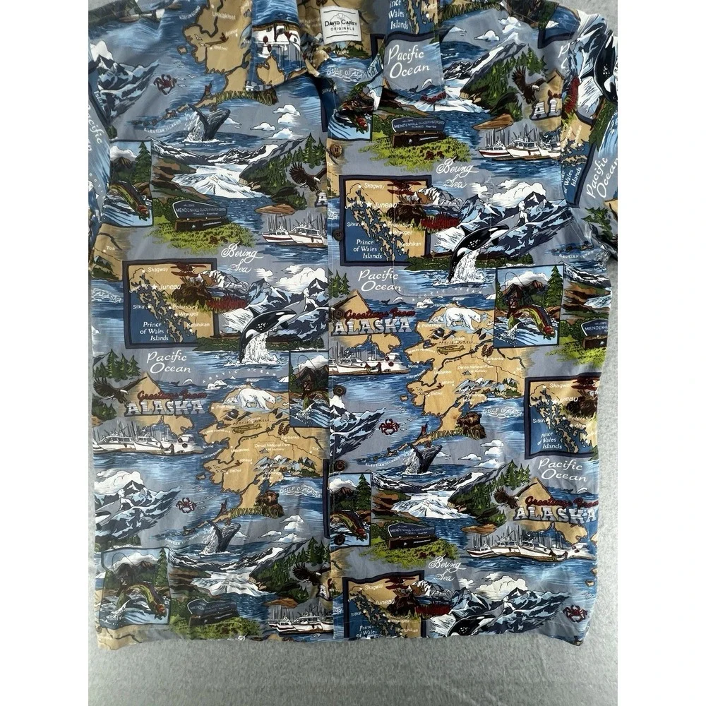 David Carey Alaska Hawaiian Shirt Mens 4XL Blue Map Print Button Up‎